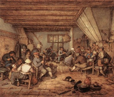 Tanzende, trinkende und musizierende Bauern in einer Herberge von Adriaen Jansz. van Ostade